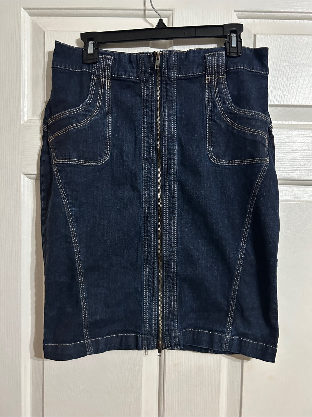 Dark Denim Zip-Front Pencil Skirt
